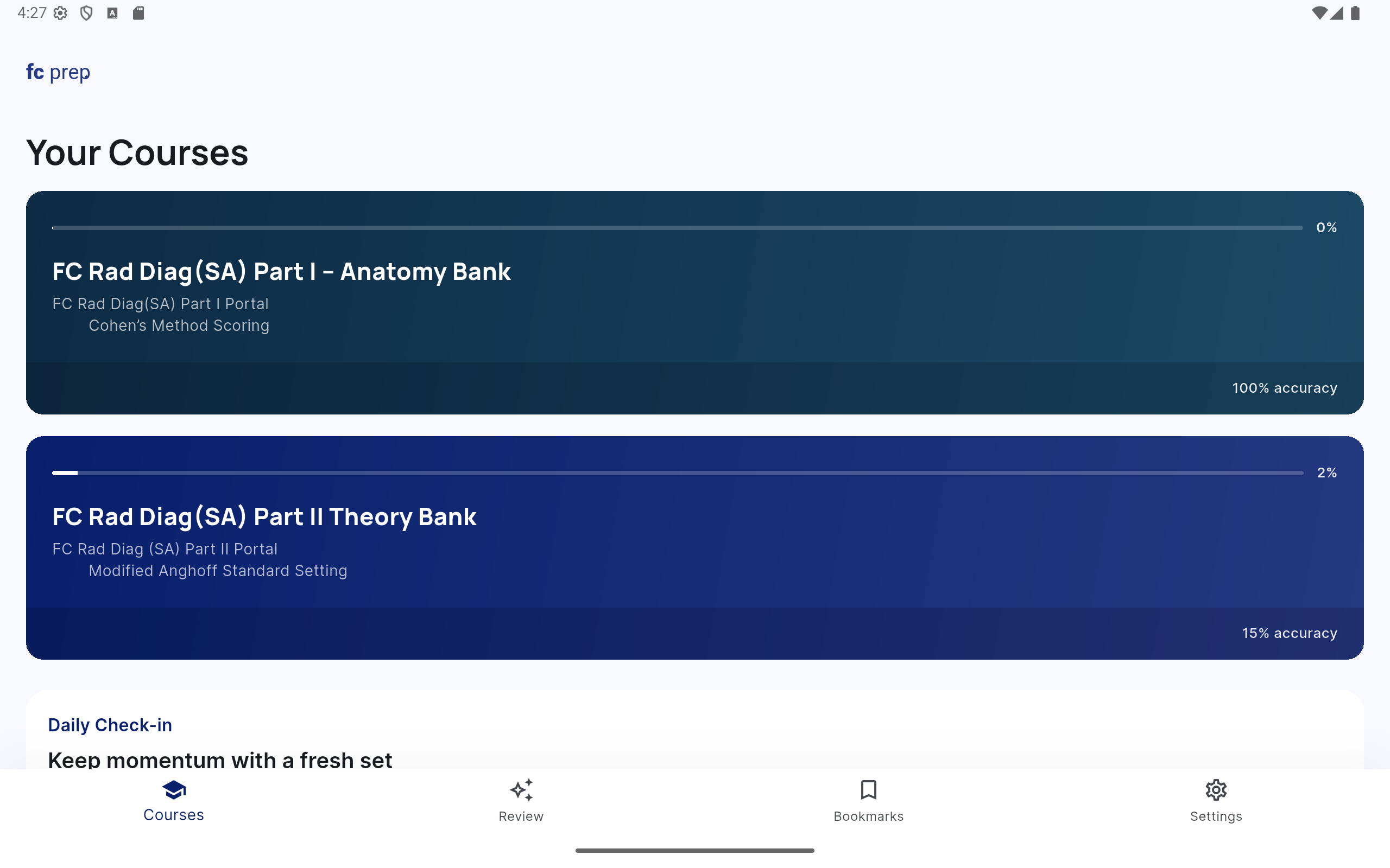 FCPrep tablet courses dashboard
